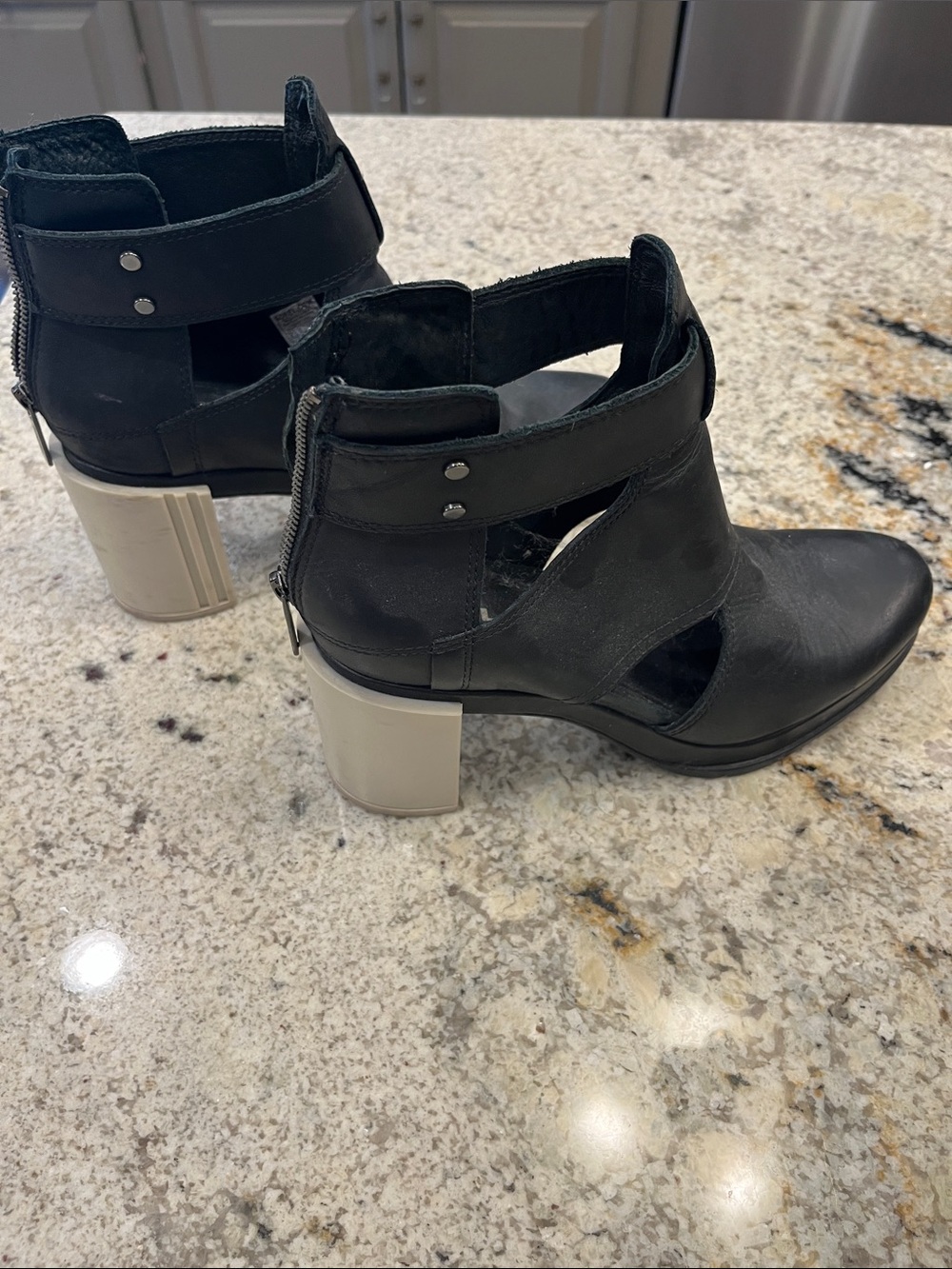 Sorel Margo Black Cutout Heel Booties with Contrasting Block Heel